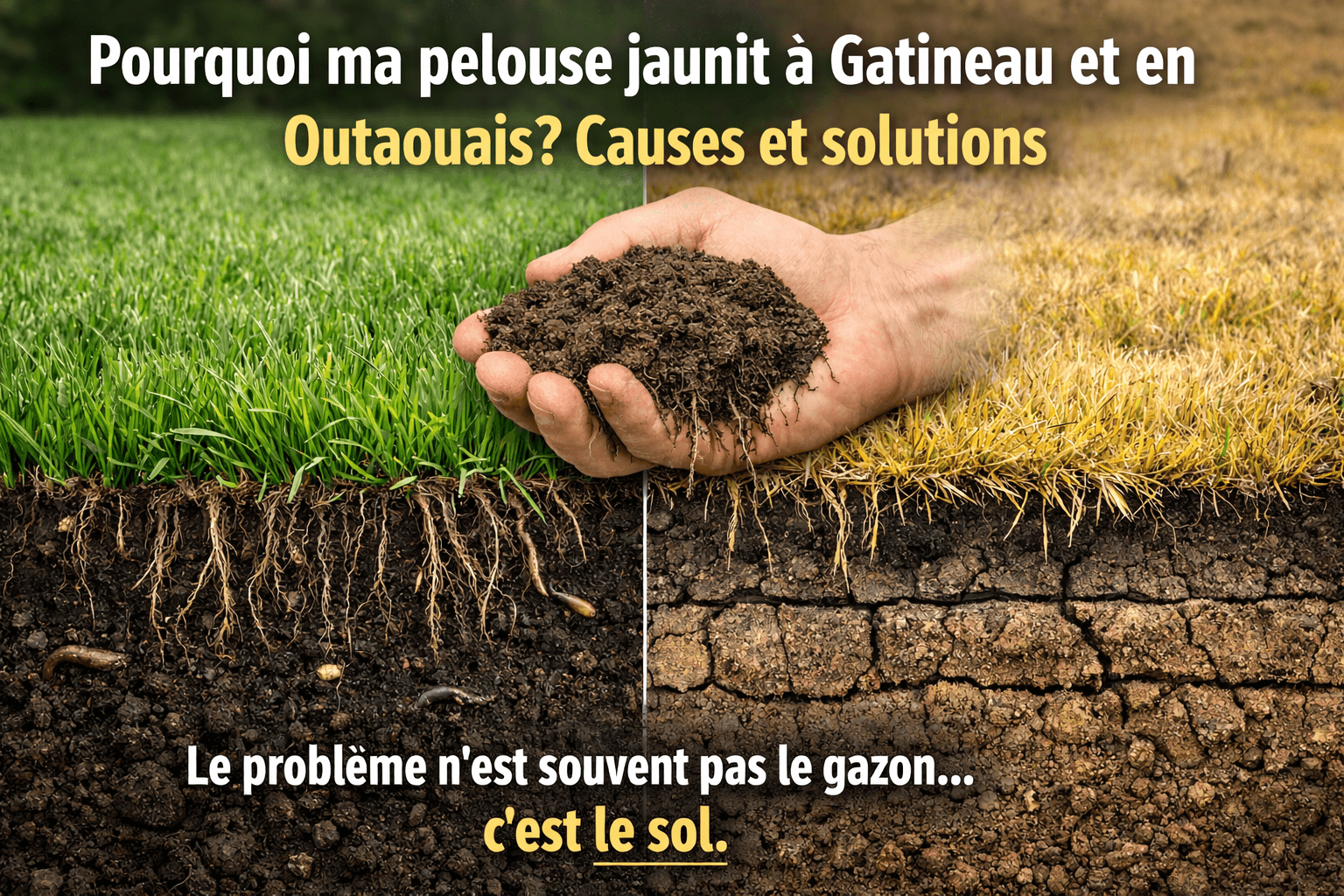 pelouse jaune à Gatineau causée par un sol compacté et des racines superficielles diagnostic Hortiplan Outaouais