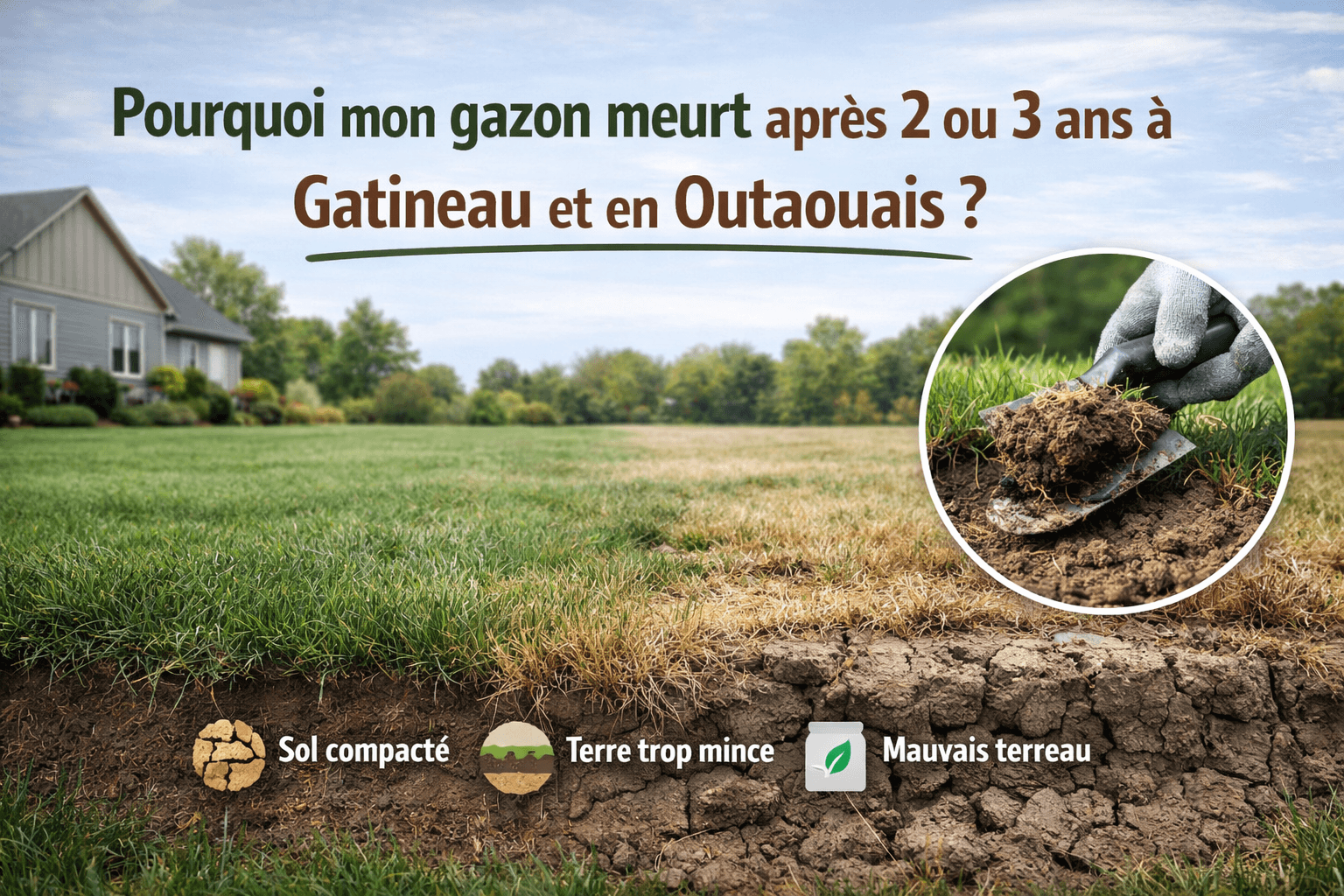 Gazon qui meurt après 2 ou 3 ans à Gatineau et en Outaouais à cause d’un sol compacté, d’une terre trop mince et d’un mauvais terreau