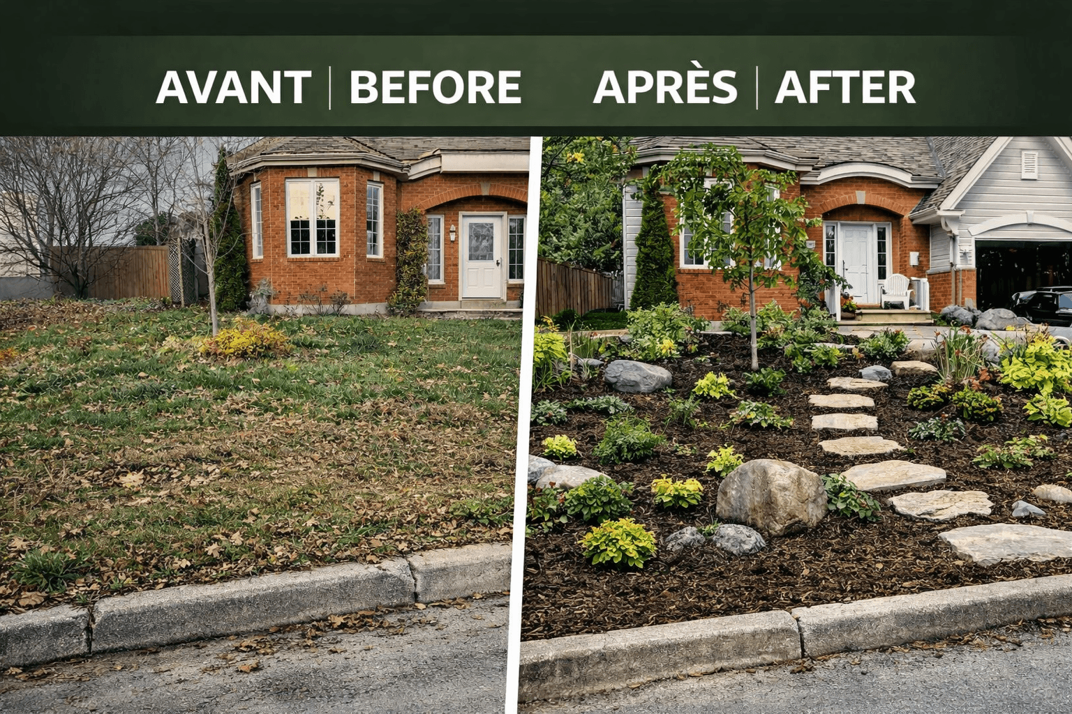 Avant après aménagement paysager sans gazon à Aylmer Gatineau par Hortiplan Outaouais