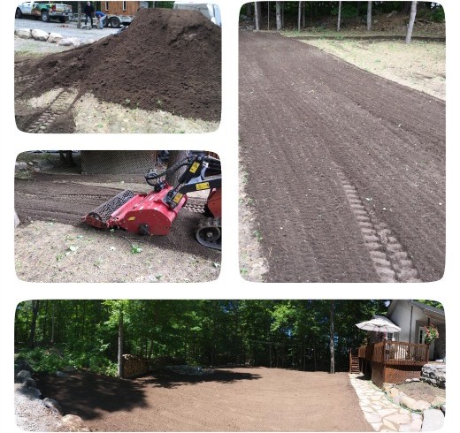 Préparation du sol avant ensemencement : nivelage, terreautage et compactage pour une pelouse dense et durable à Gatineau