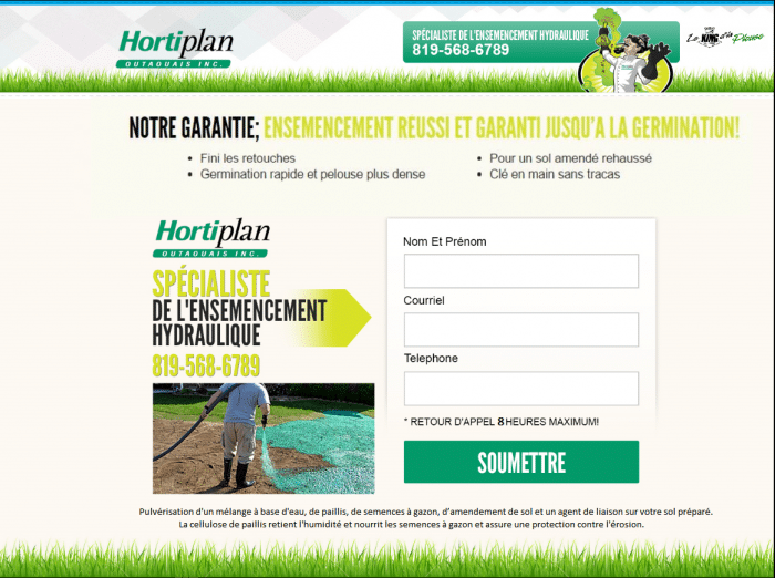 Formulaire de contact Hortiplan Outaouais – Spécialiste en ensemencement hydraulique et pelouses écologiques garanties.
