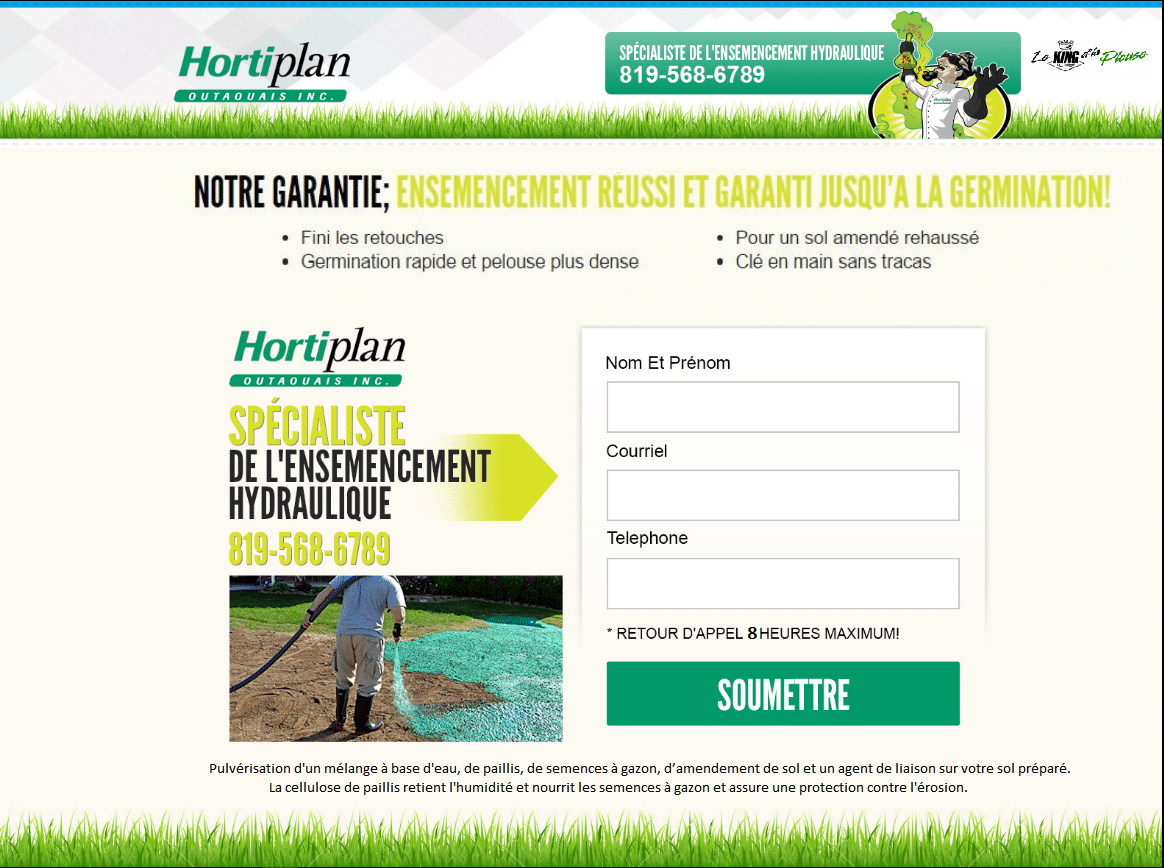 Formulaire de contact Hortiplan Outaouais – Spécialiste en ensemencement hydraulique et pelouses écologiques garanties.