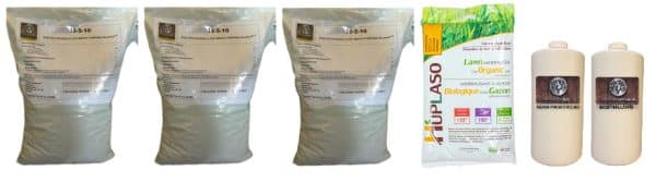 Programme organique pelouse – Engrais 13-5-10, Huplaso, biostimulants et ultra-protecteurs pour une fertilisation écologique