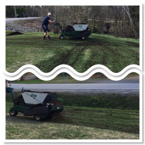 Application de compost sur pelouse – Épandage mécanique pour enrichir le sol et favoriser une croissance saine du gazon