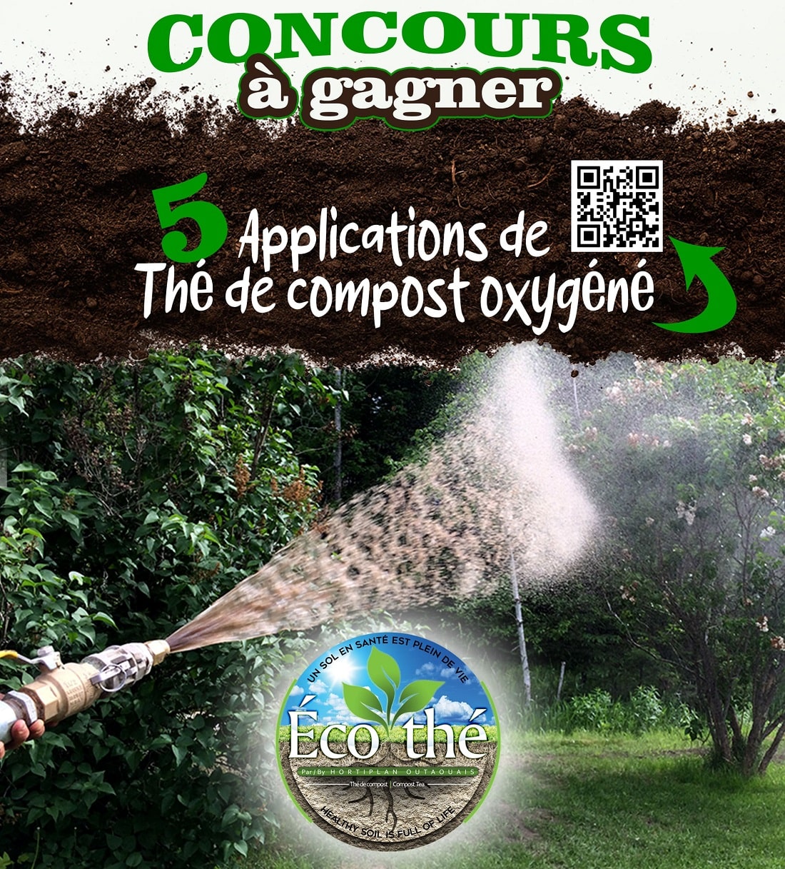 Pulvérisateur en action dans un jardin verdoyant, avec le logo Ecothe et sa promesse d'un sol sain. Participer au concours